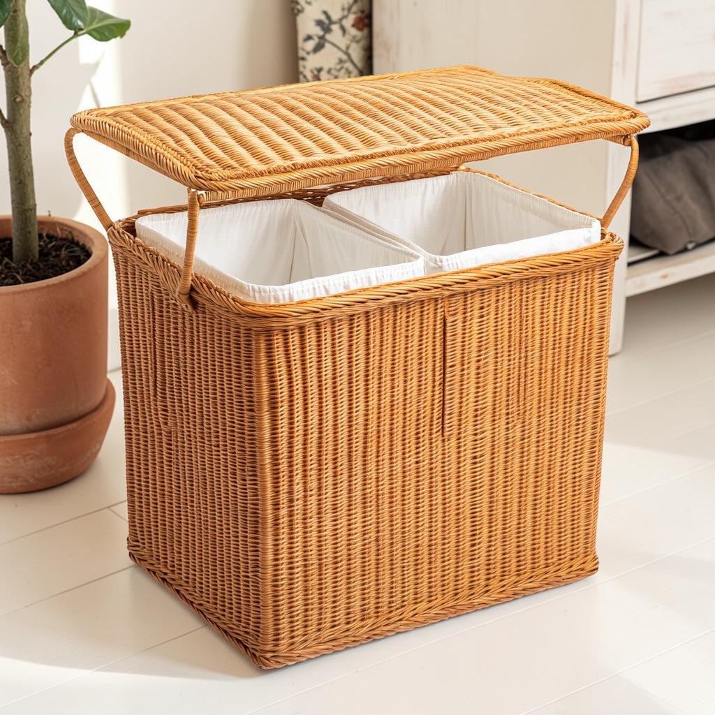 Hikrom Handwoven Double Rattan Laundry Hamper